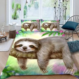 ALABOW Kawaii Sloth Bed Linen Set 135 x 200 cm 2-Piece with Zip Soft and Comfortable Sleeping Comfort Microfibre Duvet Cover Flowers Children's Bedding with Pillowcase 80 x 80 cm