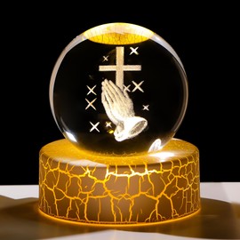 2.36in. Miniatured Cross with Praying Hands Religious Gifts for Women Man, Christian Gifts for Friend, 3D Glass Engraved Cross K9 Crystal Ball with Light Base for Home Office Decoration