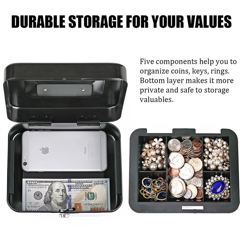 Medium Metal Cash Box with Key Lock Safe and Money