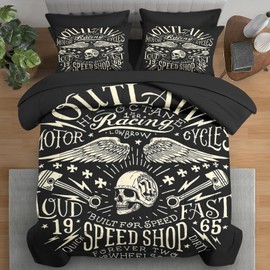 Pamnest Comforter Set Full Size, Vintage Motorcycle Bike 7 Pcs Bedding for Kids and Adults, Bird Retro Racing Bed Sheet Sets with Fitted Sheet 2 Pillowcases & 2 Shams for Bedroom Bed Decor