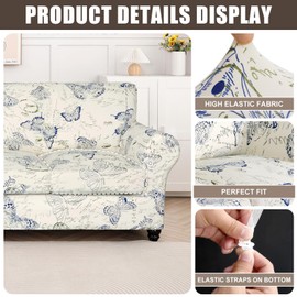 SearchI Stretch Sofa Cover Printed Couch Covers, Floral Pattern 2 Piece Armchair Slipcover with Separate Chair Cushion Cover, Washable Furniture Protector for Living Room(Chair, Butterfly Pattern)