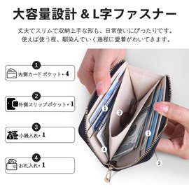 VISOUL Wallet Genuine Leather Bill Compartment, Card Coin Purse, 2-fold, Skimming Prevention, License Holder, Large Capacity, Popular, Made by Leading Leather Artisans with L-Shaped Zipper, GRAY