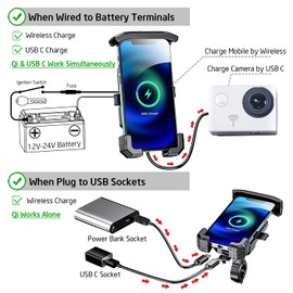 iMESTOU Motorcycle Wireless Phone Mount Charger Qi 15W & USB C 3.0A Charge Simultaneously by Plugging to 12V/24V Vehicle/USB A Socket with Aluminium Handlebar Base 360 Rotation for 4.0-7.0" Phones