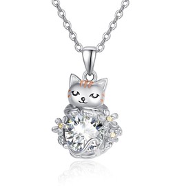 F4DEDAN Cat Necklace Sterling Silver Cubic Zirconia Kitty Necklace Kawaii Cute Cat Gifts for Women