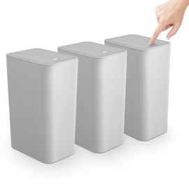TrashAid 3 Pack Bathroom Trash Can with Lid, 2.6 Gallon / 10 Liter Small Garbage Can with Press Top Lid, Plastic Wastebasket with Pop-up Lid for Toilet, Office, Bedroom, Living Room, Grey
