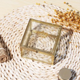 LONGSHENG - SINCE 2001 - Vintage Glass Trinket Box Gold Crown Square Jewelry Display Organizer Box Home Decor Accent Decorative Box for Storage Trinket Rings Bracelet