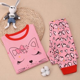 Codkkre Girls Pyjamas Cat Pjs Sleepwear Long Sleeve Cotton Christmas Pyjamas Outfit for Kids 2pcs, Pink/Cat, 5-6 years