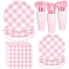 175 Pcs Gingham Party Supplies for 25 Guests, Paper Plates and Napkins Knives Spoons Forks Cups Disposable Party Set Cutlery for Baby & Bridal Shower, Wedding, Birthday Party, Outdoor Picnic ( Pink )