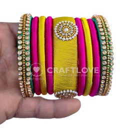 GOELX Festive Offer: Rani Pink Green and Gold Silk Thread Handcrafted Bangle Bracelet for Women - 2.6
