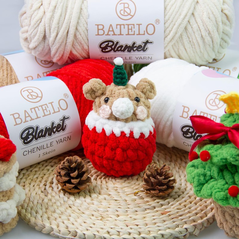 BATELO 3 Skein Blanket Chenille Yarn Soft Plush Yarn for