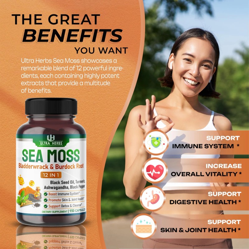 Ultra Herbs Sea Moss Supplement 150 Count 12900mg 12in1 Health