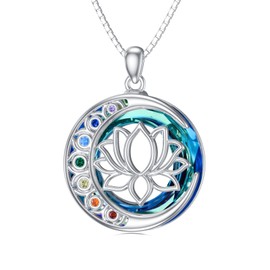 enjoylifecreative Women's 7 Chakra Crystal Necklace 925 Sterling Silver Triple Moon Goddess Lotus Pentagram Moonstone Pendant Chain Chakra Pentagram Jewellery Gift for Women Girls, Sterling Silver,