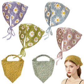 6 Pcs Floral Hair Bandanas, Crochet Daisy Bandanas Triangle Head Scarf, Boho Hair Tie Flower Bandana Hair Scarf Elastic Headbands Foral Headwrap for Women Hair Accessories