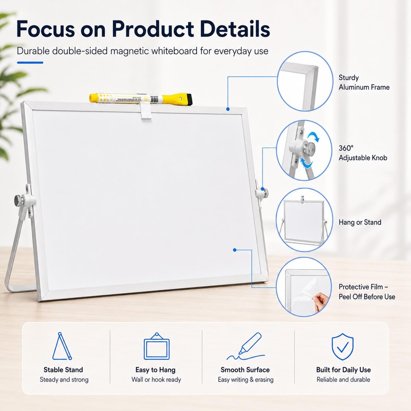 Foldable Desktop Magnetic Whiteboard 20x30 cm, Double Sided Dry Erase