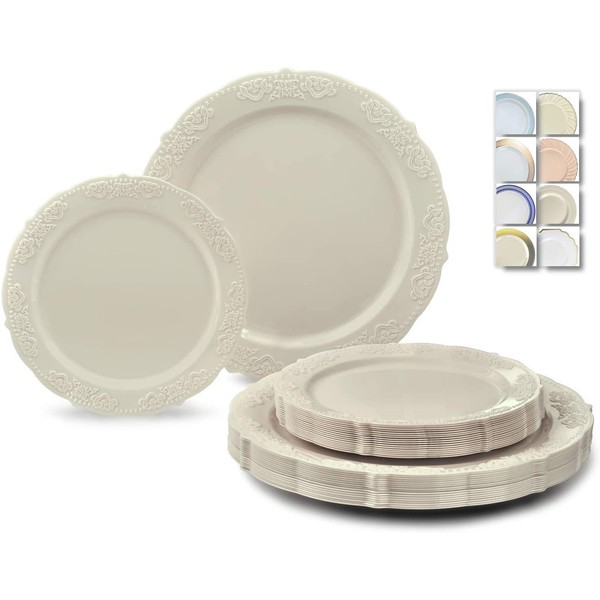 " OCCASIONS" 240 Plates Pack,(120 Guests) Vintage Wedding Party Disposable Plastic Plates Set -120 x 10.25'' Dinner + 120 x 7.5'' Salad/Dessert Plate (Portofino Ivory)