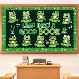 FYSUIMU 62Pcs Frog Bulletin Board Decor Set Green Back to School Paper Cutout Name Tag Leap into A Good Book Border Trim with Glue Point for Summer Classroom Chalkboard Wall Decor
