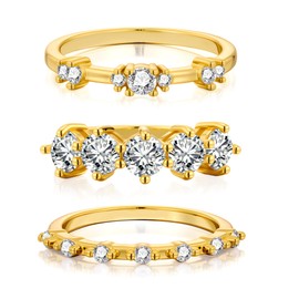 ALEXCRAFT Sterling Silver 925 Rings, 3 Pieces, 14 K Gold-Plated Multi-Layer Stackable Adjustable Simple Small Rings with Cubic Zirconia Stone Shine Engagement Rings Wedding Rings Size 7 Rings Women's