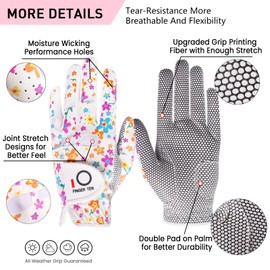Golf Gloves Women Left Hand Right All Weather Rain Grip Value 2 Pack or Pair, Ladies Soft Pink Red Green Glove Lh Rh Both Hand Fit Size Small Medium Large XL (Flower, Small, Ambidextrous)