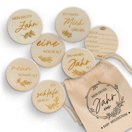 Engraved Wooden Milestone Cards - My First Year - with Fabric Bag as a Gift for Birth or Baby Shower - for Girls and Boys