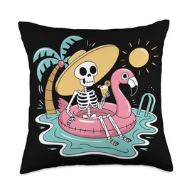 Skeleton Pool Flamingo Throw Pillow