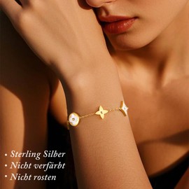 FEITENGU Elegant Bracelet in Flower Design, Made from S925 Sterling Silver and Onyx Stone, Flower Four Leaf Trendy Jewellery, Leather