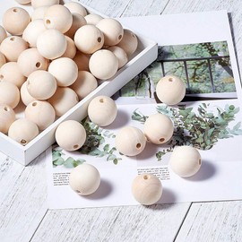 KISSITTY 50-Piece 30mm Natural Unfinished Round Wood Beads Original Color Large Solid Wooden Ball Loose Spacers for DIY Jewelry Making