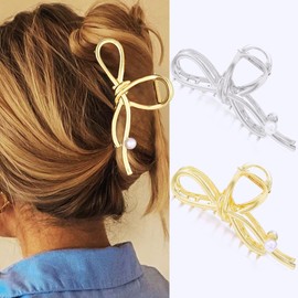 CAKURE Bow Claw Clips Gold Hair Claws Medium Metal Claw Hair Clips Hair Accessories for Women and Girls (Pack of 2) (a-gold&silver)