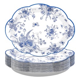 50 Pcs Blue Floral Oval Plates 10" x 12" Large Blue and White Floral Scalloped Plates Disposable Heavy Duty Vintage Flower Dessert Platters for Wedding Bridal Shower Decorations Tea Party Supplies