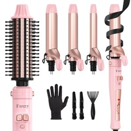 FARERY 4-in-1 Interchangeable Automatic Rotating Curling Iron & Thermal Brush Set, 0.75''/1''/1.25'' Curling Iron & 1.5'' Heating Round Curling Brush, ONE Heat 410°F, Pink