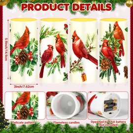 Tiamon 4 Pcs Christmas Red Bird Candles LED Bird Theme Flameless Candles LED Warm Light Flickering Candles Xmas Pillar Candle Set for Holiday Table Decorations