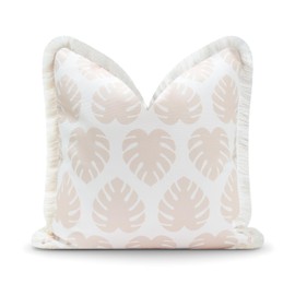 Hofdeco Premium Fall Coastal Patio Indoor Outdoor Pillow Cover Only, 20"x20" Water Repellent for Backyard, Couch, Neutral Tan Monstera Leaf Fringe