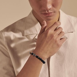 Mens Cross Bead Bracelet with Initials, Christian Rosary Obsidian A-Z Letter Black Onyx Tigers Eye Beaded Bracelet, Faith Religious Easter Catholic Communion Baptism Christmas Jewelry Gift for Men