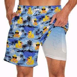 Feim-AO Duck Men's Swim Trunks with Compression Liner Hawaiian Ducks Swimming Trunks 7" Inseam Quick Dry Beach Summer Shorts