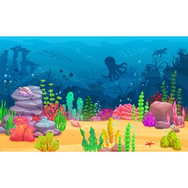 Cartoon Underwater Landscape Aquarium Background Sea Water Animals Ocean Coral Reef Game Level Terrarium Background Blue Waves with Fish Octopus Sea Turtle Ocean Theme Fish Tank Backdrop 24x16in