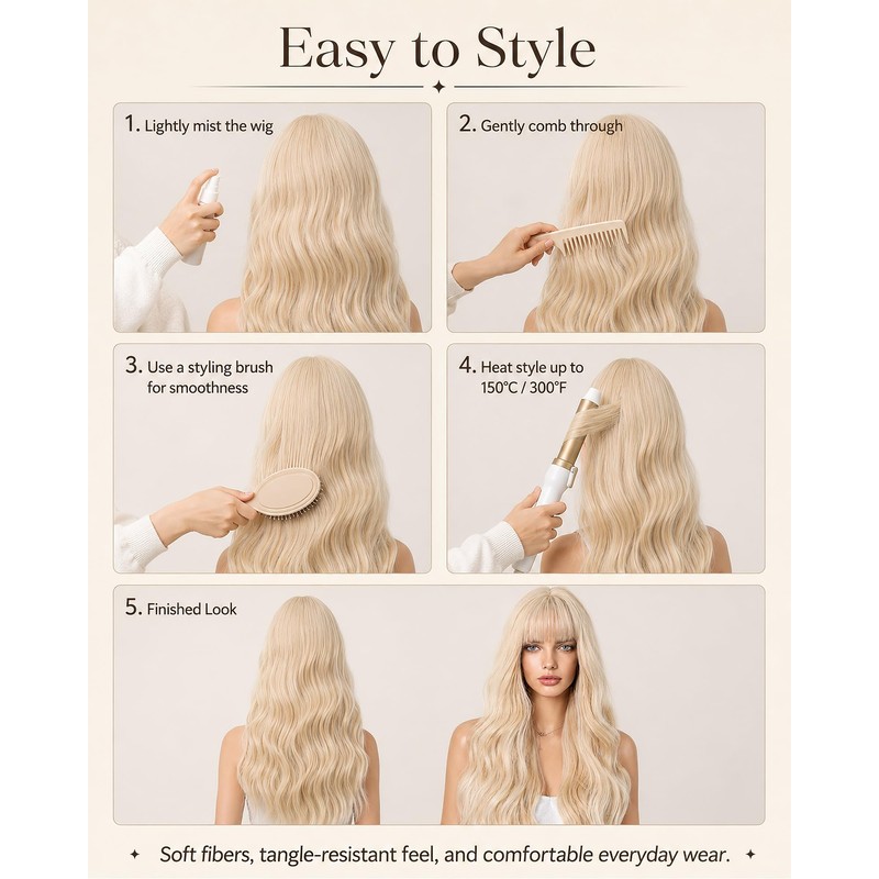 Light Blonde Long Wavy Wig with Bangs for Women Synthetic