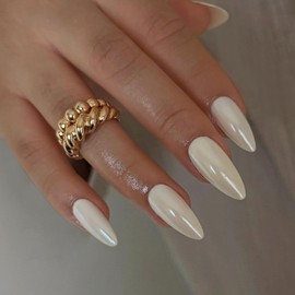 Qsnidy Chrome Press On Nails Almond, Glazed Pearl White Glue on Nails Medium Press Ons, Acrylic Natural Fit Stick on Nails in 12 Sizes - 24Pcs Fake Nail Kit for Women Daily & Party Wear