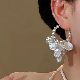 Cimenexe Vintage Shell Pearl Dangle Earrings White Shell Flower Drop Earrings Gold Pearl Circle Stud Earrings Large Shell Pearl Flower Hoop Earrings Jewellery for Women, Zinc, No Gemstone