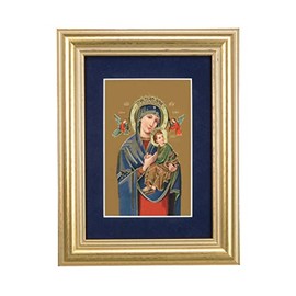 Our Lady of Perpetual Help Picture, 5"x6.5" Antique Gold Fluted Frame, Behind Blue Velvet Matting