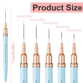 WeddHuis 5 Pieces Thin Nail Design Brush Set for Striped Lines and Gel Painting, Fineliner Nail Art and Manicure Brushes (6/9/12/15/18 mm) (Blue)