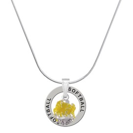 Delight Jewelry Hot Yellow Hibiscus Flowers Spinner - Silvertone Softball Message Ring Necklace, 18"