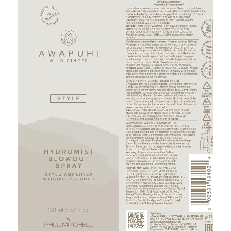 Awapuhi Wild Ginger by Paul Mitchell HydroMist Blowout Spray, Style