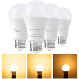 Youtime 3 Way Light Bulbs 50 100 150 Watt Equivalent 3000K Soft White A21 6/15/20w Energy Saving LED Light Bulb,Three Way Light Bulbs, 500 1600 2200 Lumens 4Pack