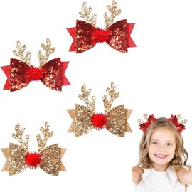Christmas Hair Accessories,4Pcs Christmas Hair Clips Glitter Antler Bow Hair Clips Christmas Bow Headwear,Cute Xmas Reindeer Hair Bow Barrettes,Elk Christmas Accessories for Kids Toddler Girls