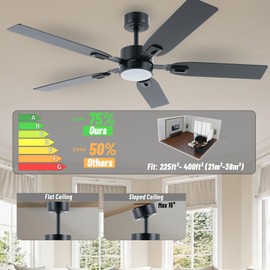 FANSHAIN 52" Ceiling Fan with Light for Bedroom - 6 Speeds & Reversible Function - 3 Color Temperature & Dimmable Brightness - Quiet Operation - Suitable for Living Room & Patios - Black