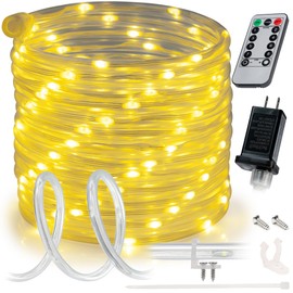 WYZworks 100ft Warm White LED Rope Light - 8 Modes, Waterproof Outdoor Accent Lighting with Remote, Flexible Clear Tube, ETL Certified, Garden, Patio, Backyard, Holiday Christmas, Tree, Ambient Decor