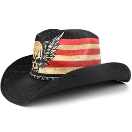 Western Rock Style Cowboy Hats,Men's Women's Cowgirl Hats,Sun Hats Straw Hats Skull Pattern Hats Black