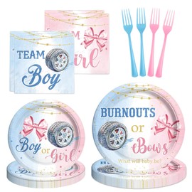 Fiesec Burnouts or Bows Gender Reveal Decorations Tableware Set, Baby Gender Reveal Party Supplies with Boy or Girl Plates, Napkins, Forks for Burn Outs or Bows Party, Serves 24 Guests