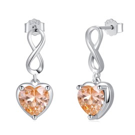 November Citrine Topaz Birthstone Infinity Stud Earrings - Shysnow 925 Sterling Silver Heart Shaped Cubic Zirconia Dangle Studs Infinite Symbol Birth Gem Stone Jewelry for Women Birthday Christma Gift