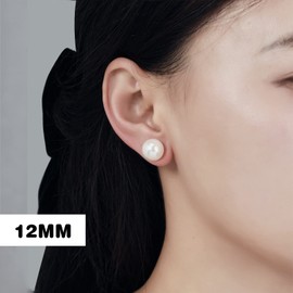 EFTKOY Big Pearl Earrings 18K Gold Plated Sterling Silver Large Faux Round Studs White Pearl Earrings for Women - 12mm