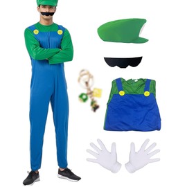 JMOCD Luigi Bros Costume, Super Brothers Plumber Cosplay for Fancy Dress, Carnival, Parent-Child Dressing (Green - Adults, M)